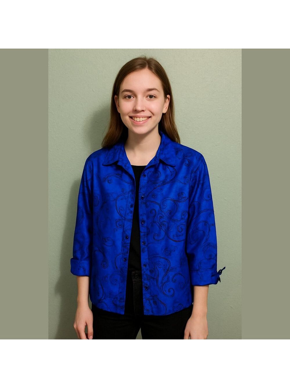 Bleu Bayou Silk Blouse scrolling floral embroidery and tie sleeves